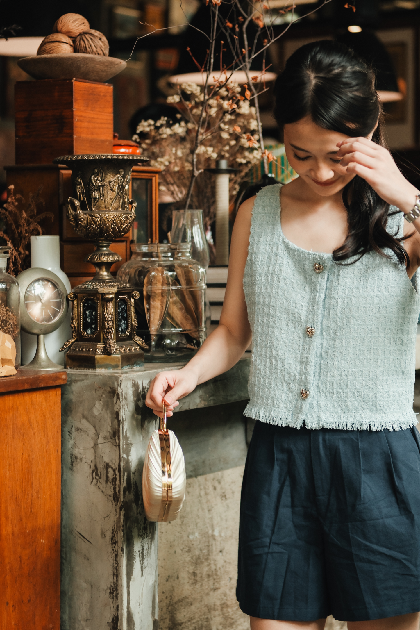 Amélie Tweed Fringe Vest in Baby Blue