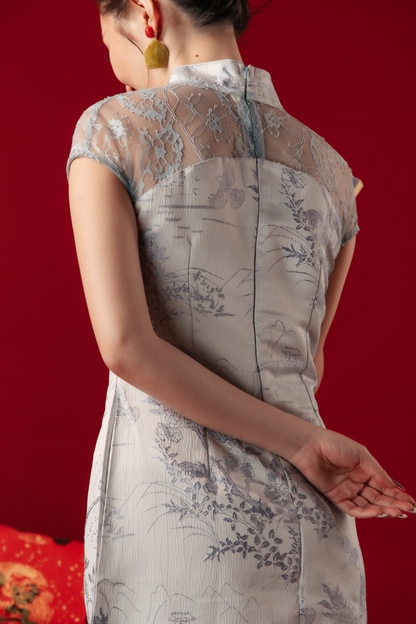 Azure Mist Lace Cheongsam Dress