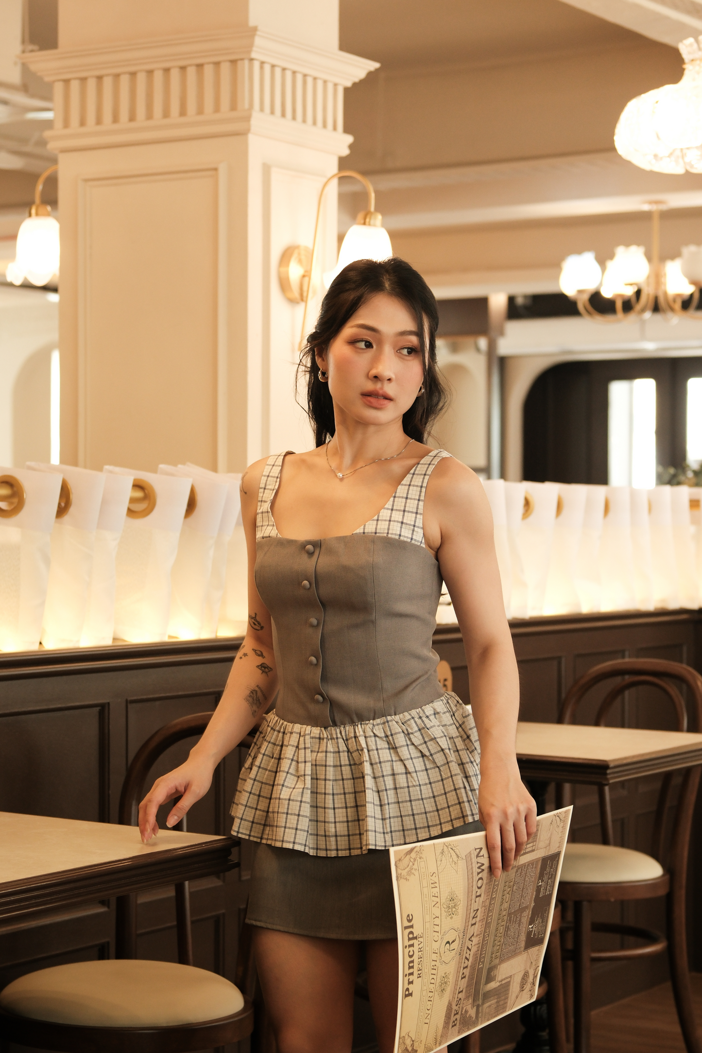 Clémence Checked Peplum Corset Top in Grey