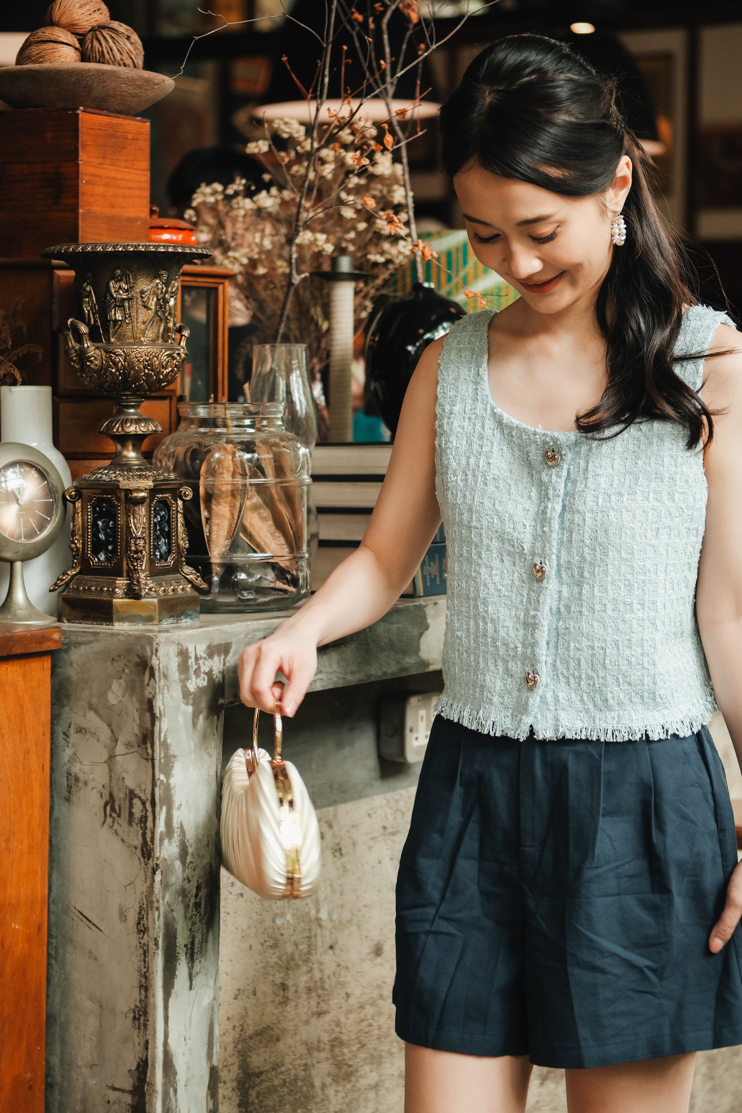 Amélie Tweed Fringe Vest in Baby Blue