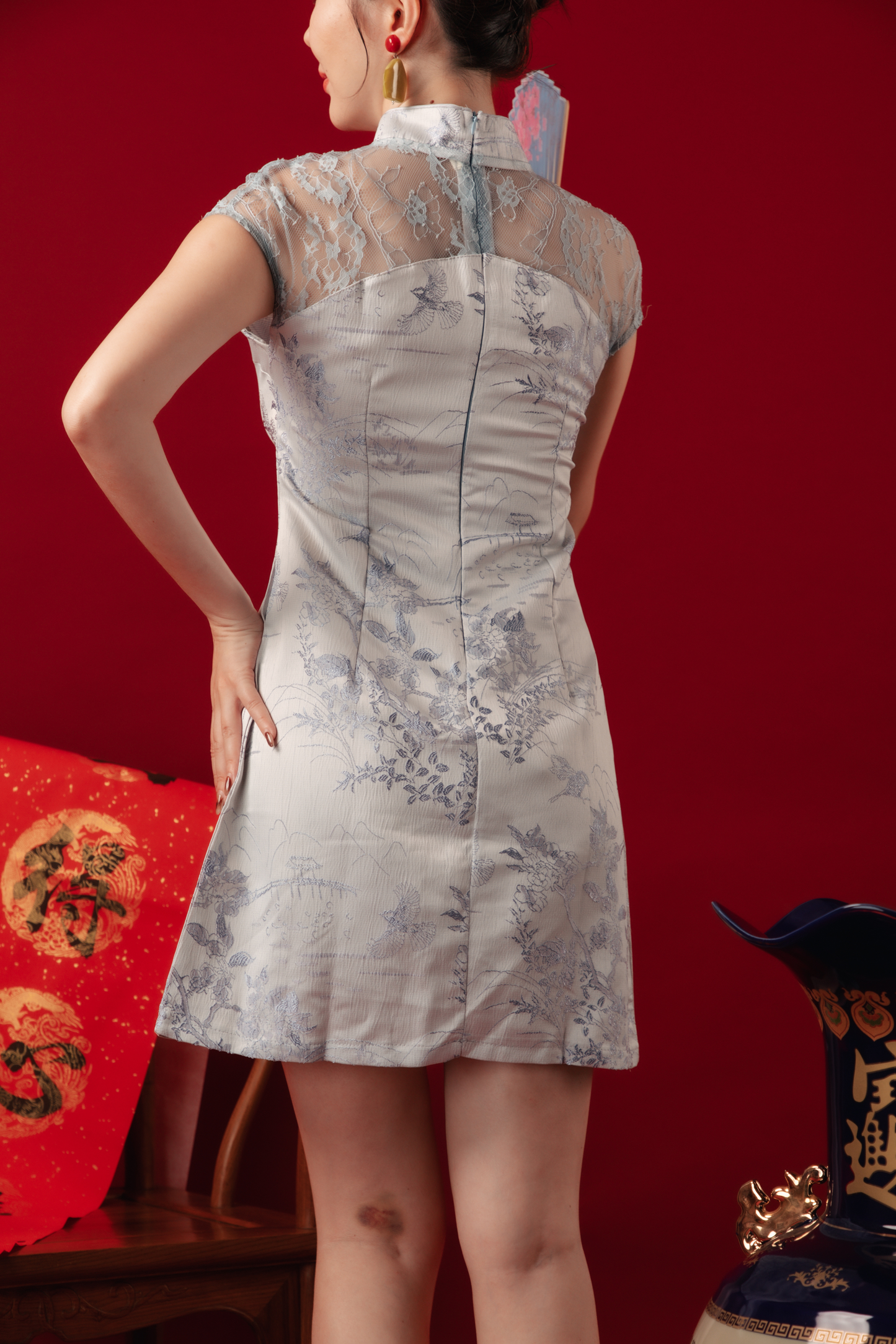 Azure Mist Lace Cheongsam Dress