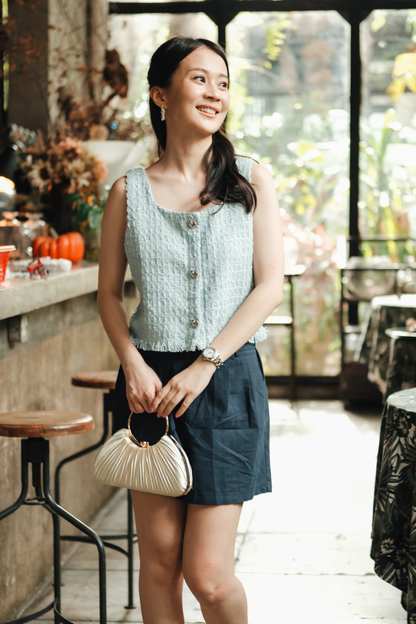 Amélie Tweed Fringe Vest in Baby Blue