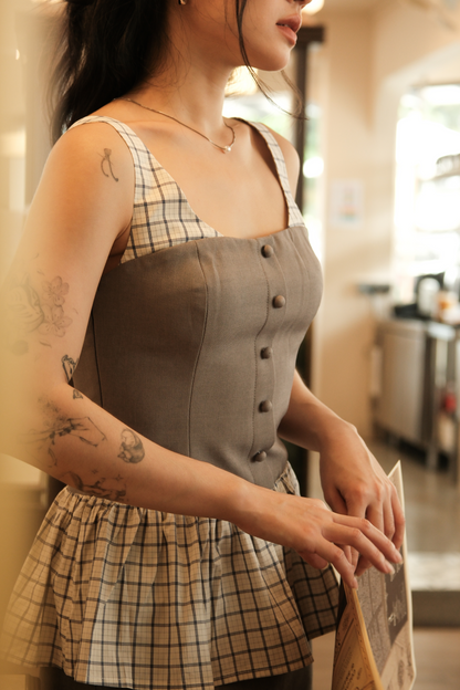 Clémence Checked Peplum Corset Top in Grey