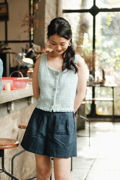 Amélie Tweed Fringe Vest in Baby Blue