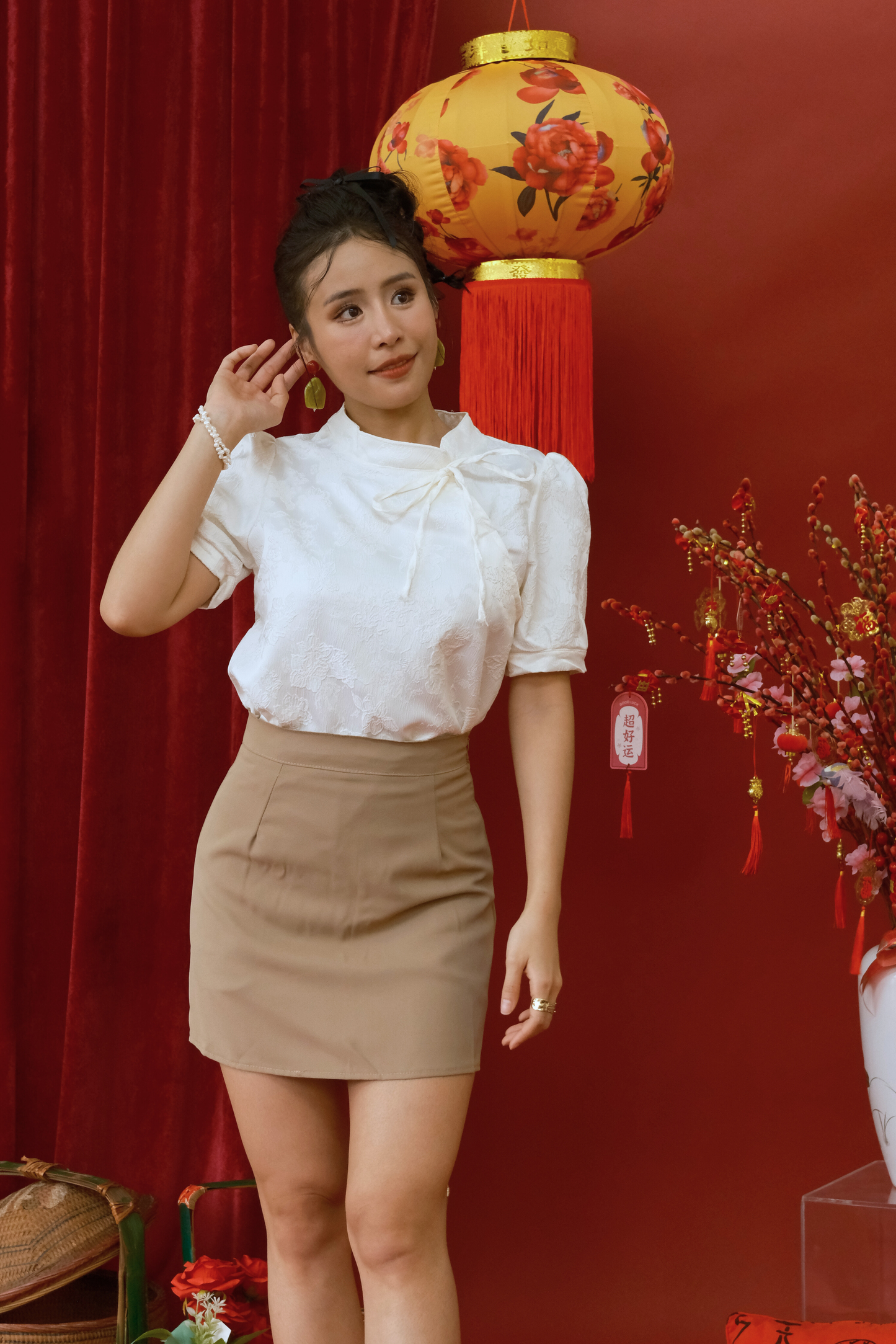 Lunette Jacquard Tie-Neck Blouse & High-Waisted Skirt Set (In-Stock)