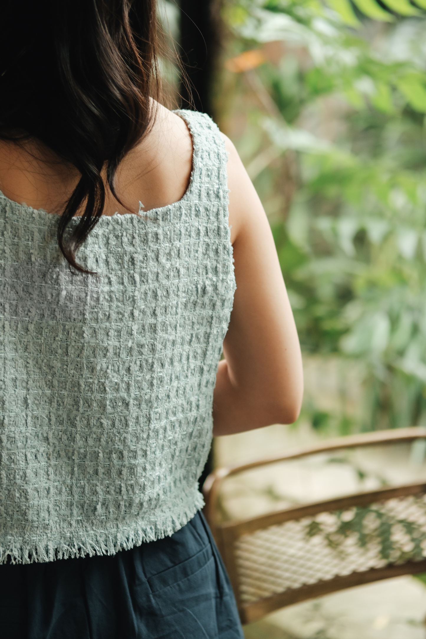 Amélie Tweed Fringe Vest in Baby Blue