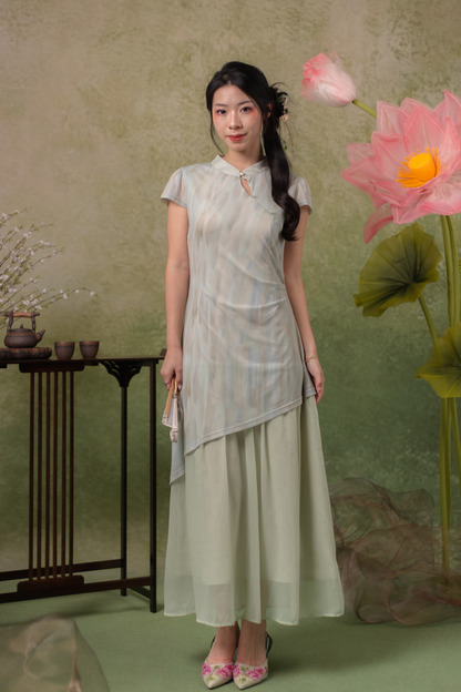 Jade Mist Layered Cheongsam Dress in Sage