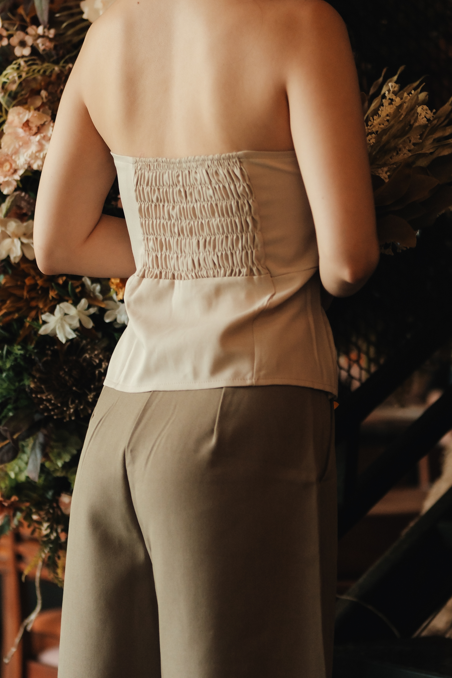 Isaline Ruched Back Tube Blouse in Beige