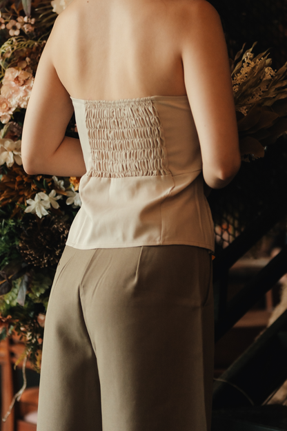 Isaline Ruched Back Tube Blouse in Beige