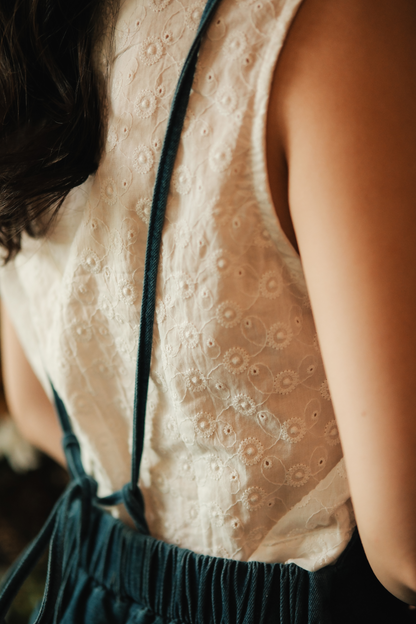 Odette Cross-Back Denim Romper