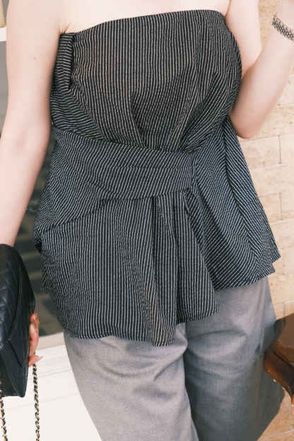 Éloise Strapless Pinstripe Peplum Top in Black