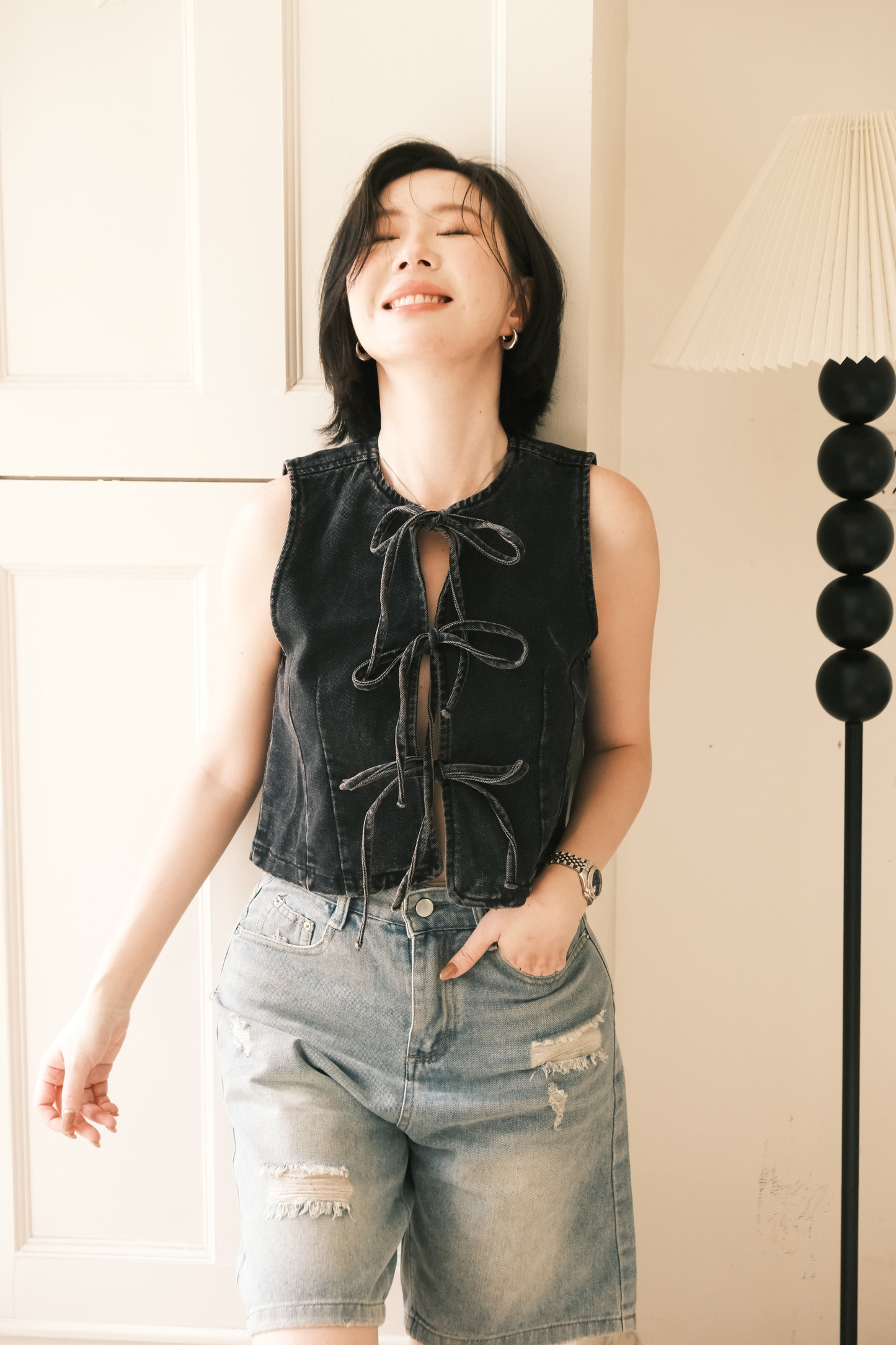 Rhea Lace-Up Denim Vest in Black