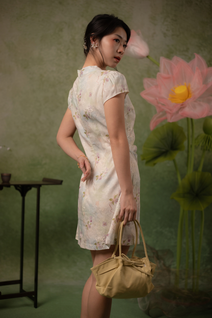 Orchid Butterfly Cheongsam Dress in Pale Champagne