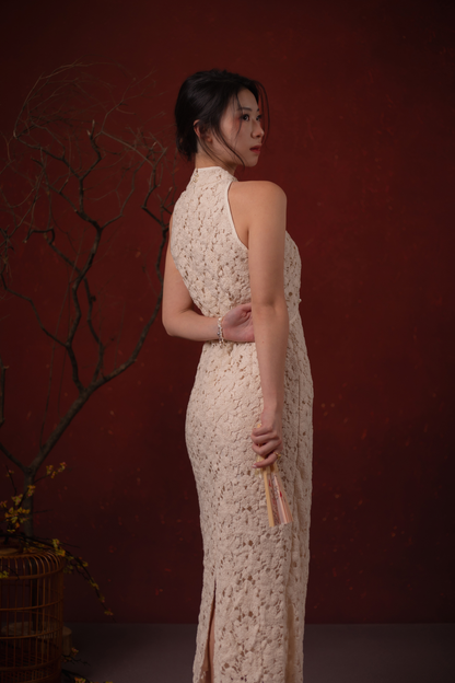 Camellia Lace Cheongsam Dress in Champagne