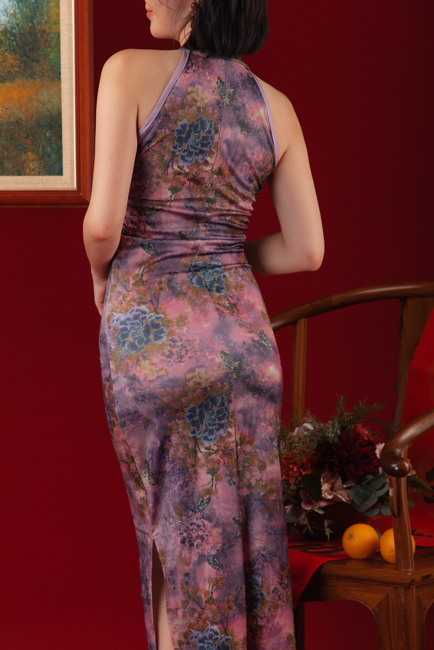 Violet Blossom Halter Cheongsam Dress （In-Stock)
