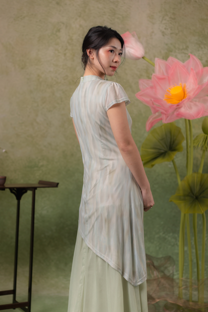 Jade Mist Layered Cheongsam Dress in Sage
