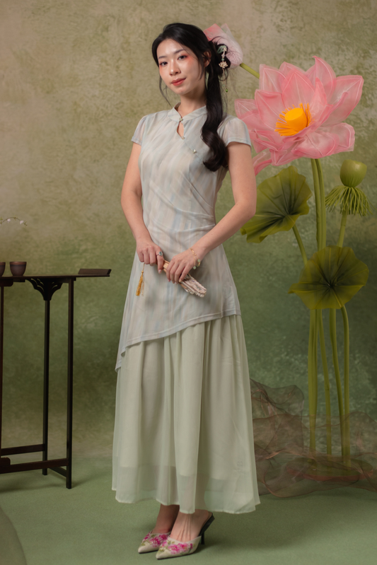 Jade Mist Layered Cheongsam Dress in Sage
