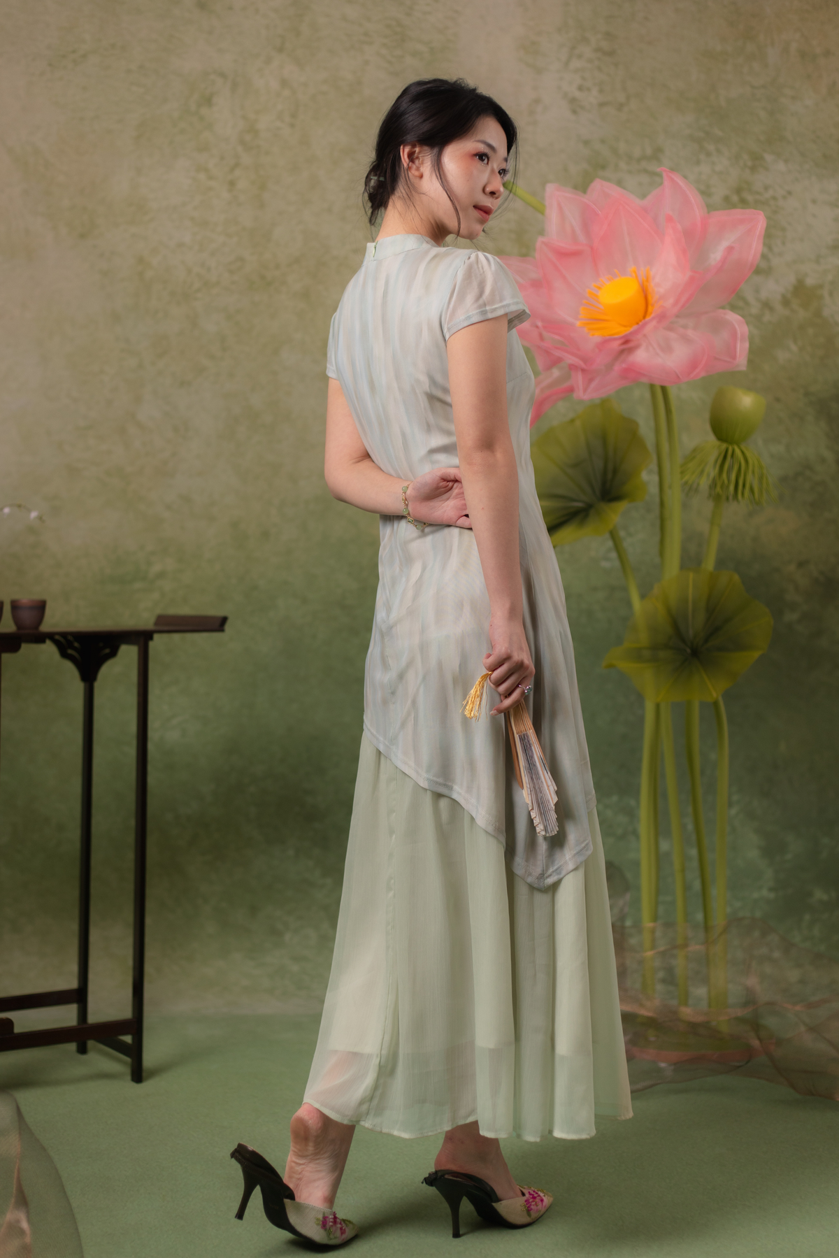 Jade Mist Layered Cheongsam Dress in Sage