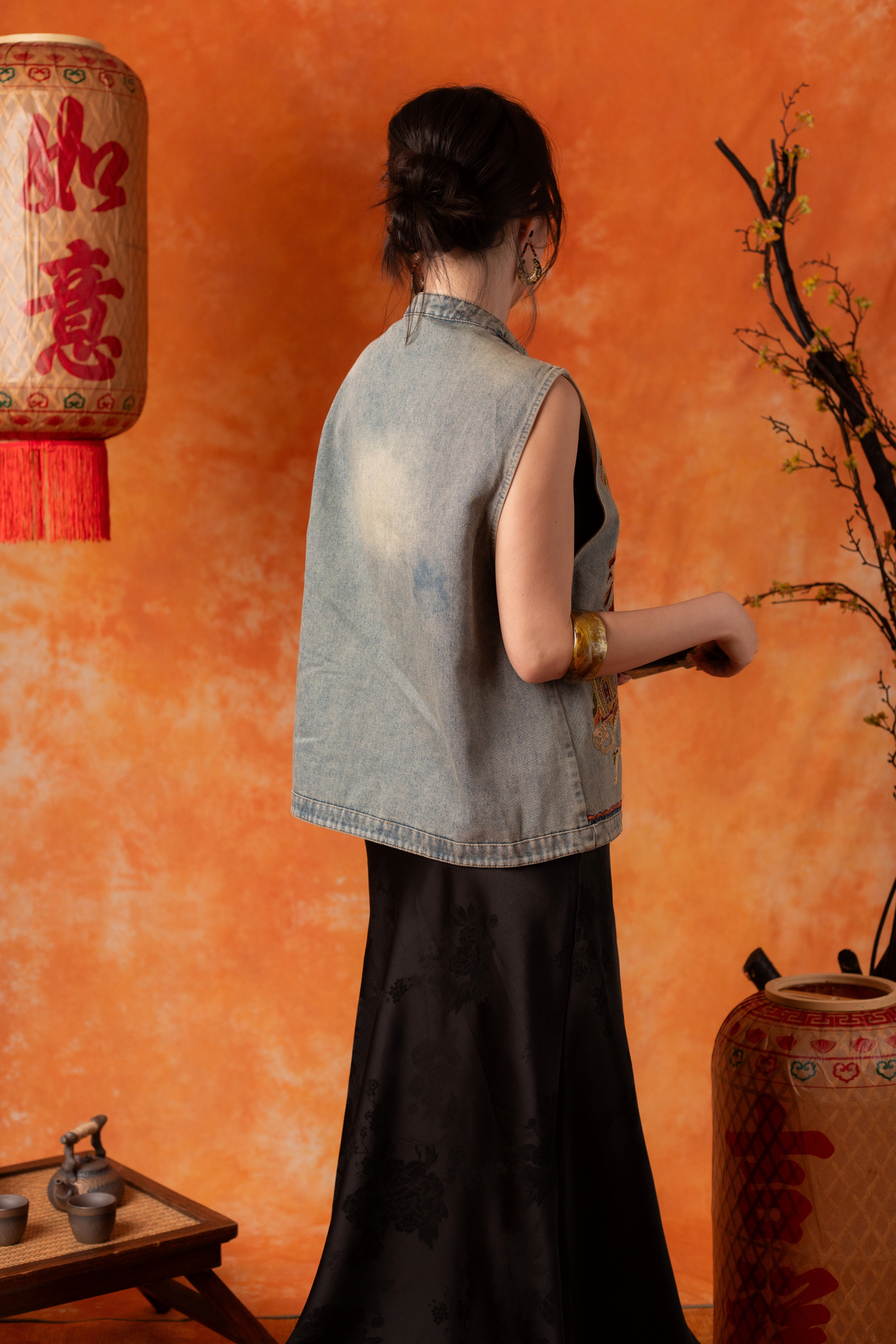 Celandine Embroidered Vest in Denim Blue