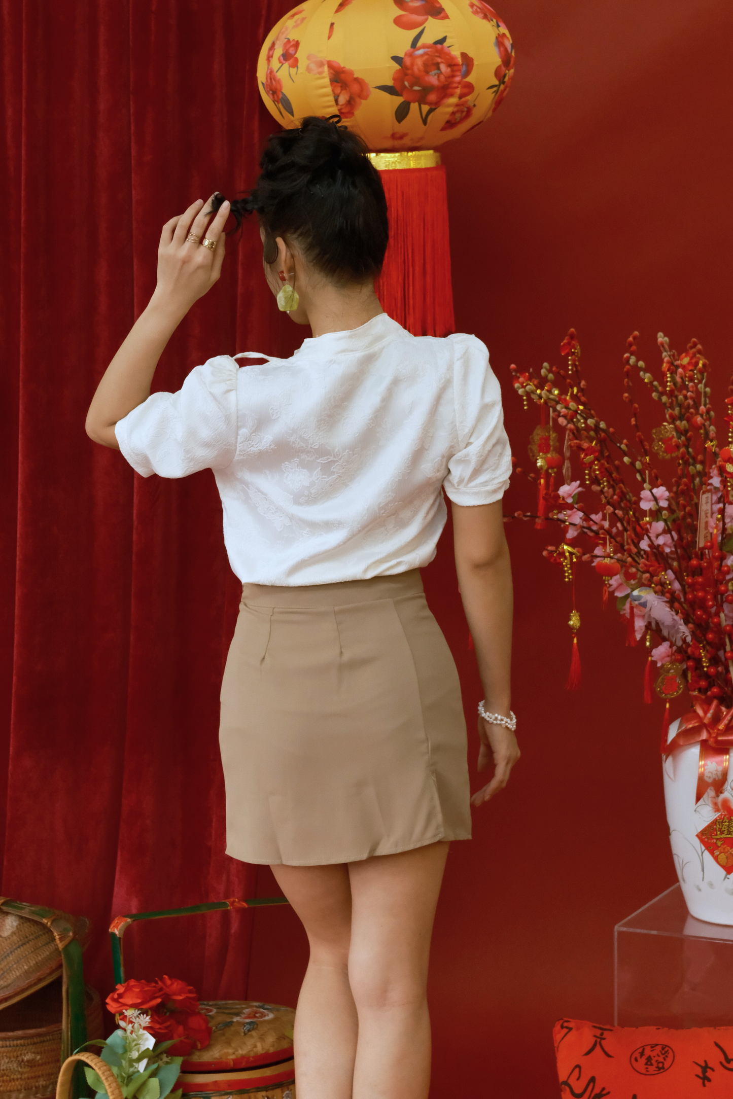 Lunette Jacquard Tie-Neck Blouse & High-Waisted Skirt Set (In-Stock)