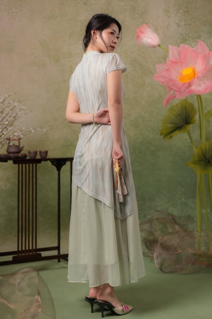 Jade Mist Layered Cheongsam Dress in Sage
