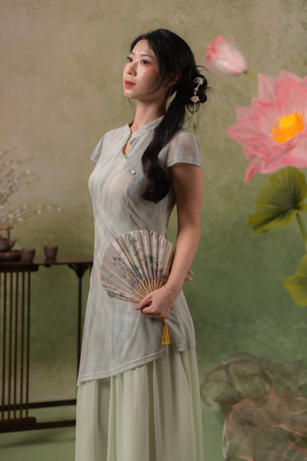 Jade Mist Layered Cheongsam Dress in Sage