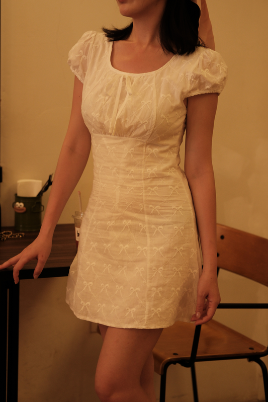 Luna Bow-Tie Puff Sleeve Mini Dress in White