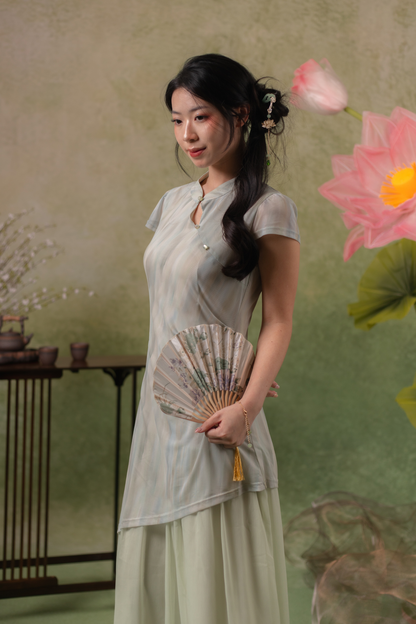 Jade Mist Layered Cheongsam Dress in Sage
