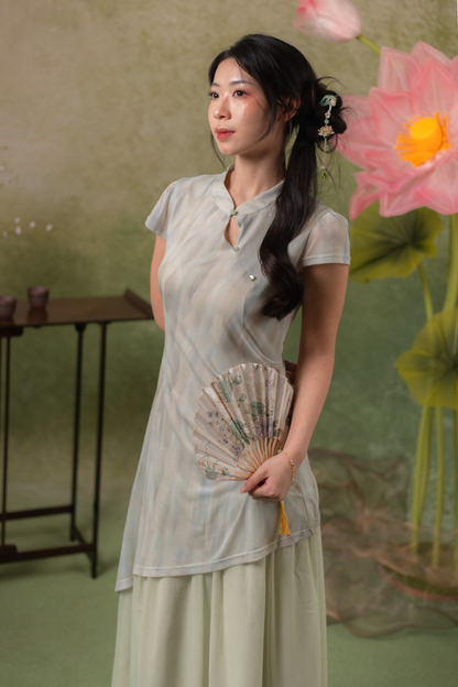 Jade Mist Layered Cheongsam Dress in Sage