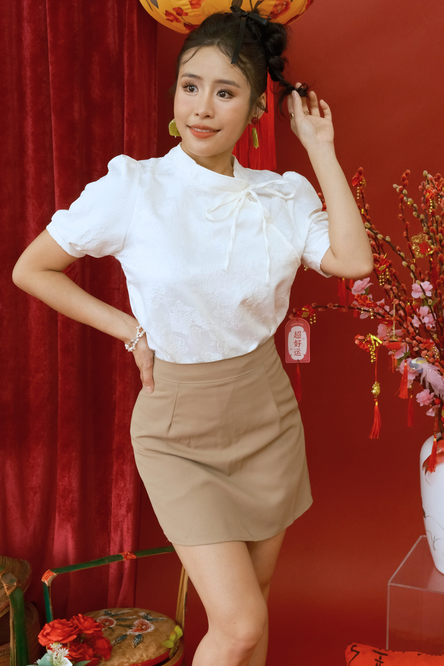 Lunette Jacquard Tie-Neck Blouse & High-Waisted Skirt Set (In-Stock)