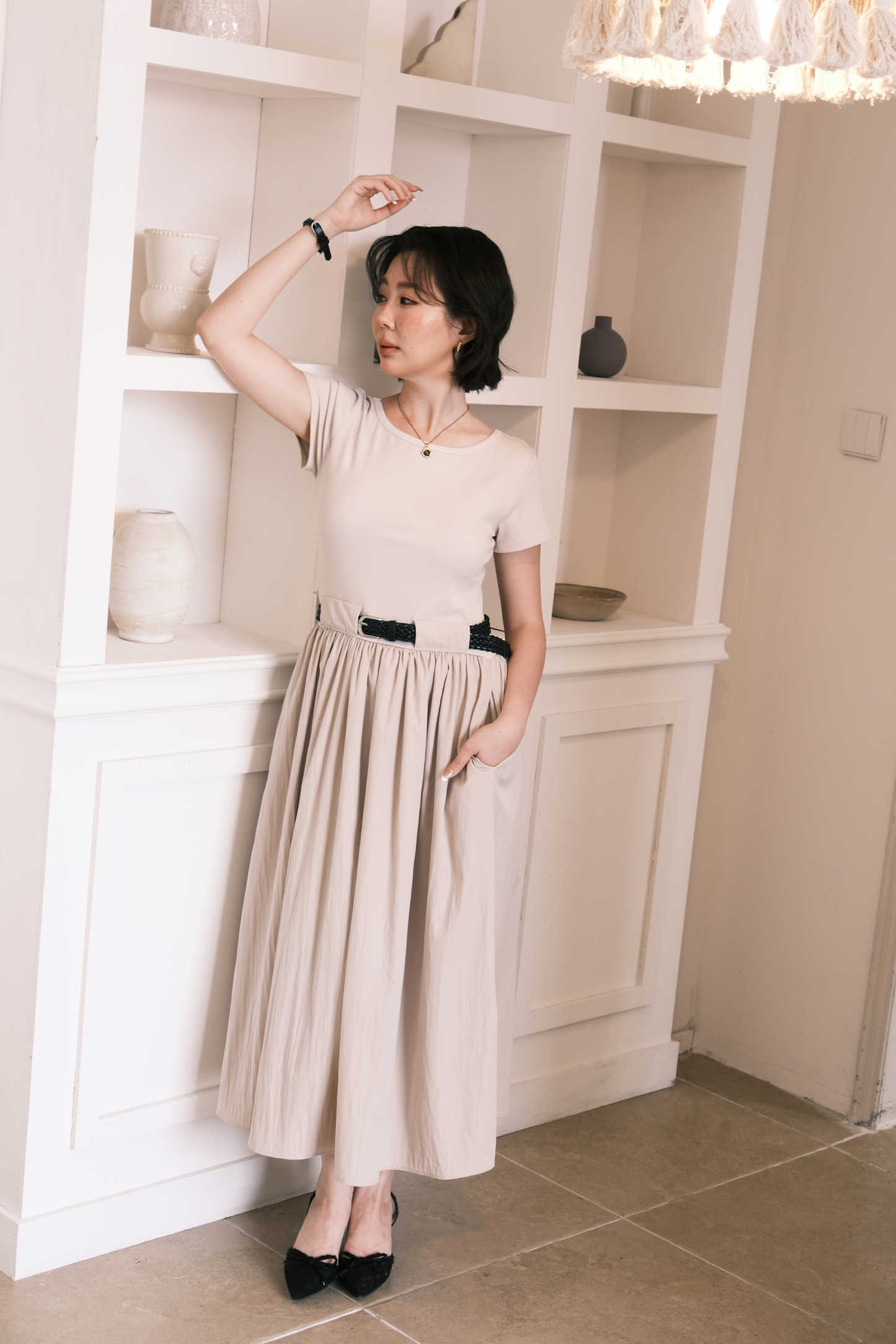 Margot Belted Dress in Cream