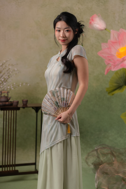 Jade Mist Layered Cheongsam Dress in Sage
