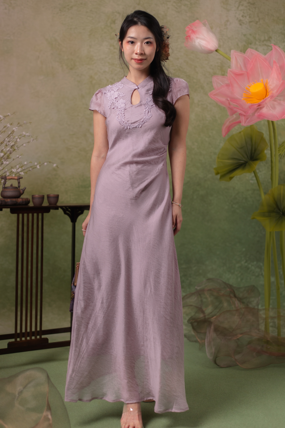 Serene Bloom Cheongsam Dress in Dusty Mauve