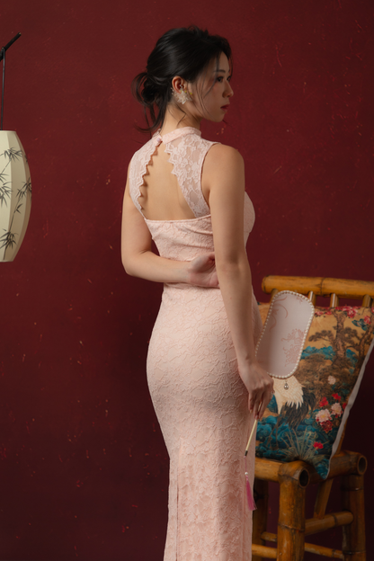 Roselle Lace Cheongsam Dress in Blush Pink