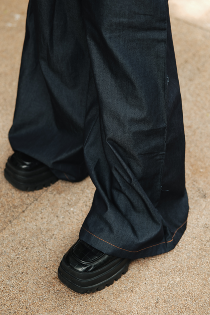 Clara Bow Halter Denim Top & Wide-Leg Pants Set