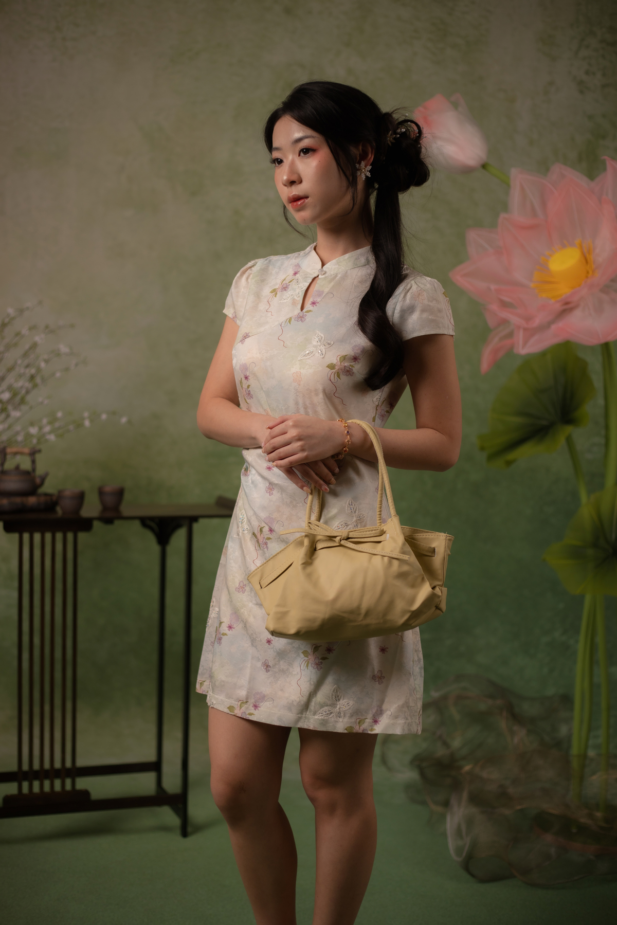 Orchid Butterfly Cheongsam Dress in Pale Champagne