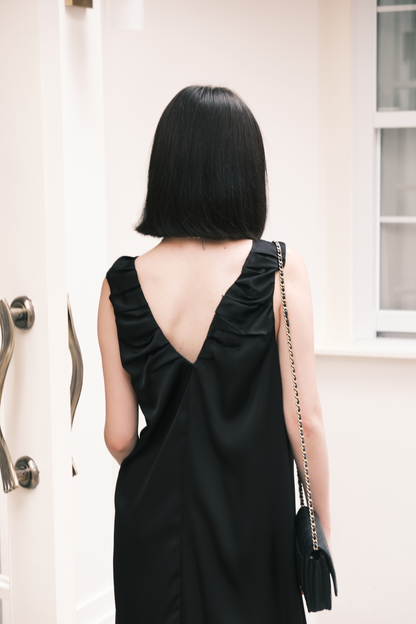 Lumière Ruched Satin Slip Dress in Black