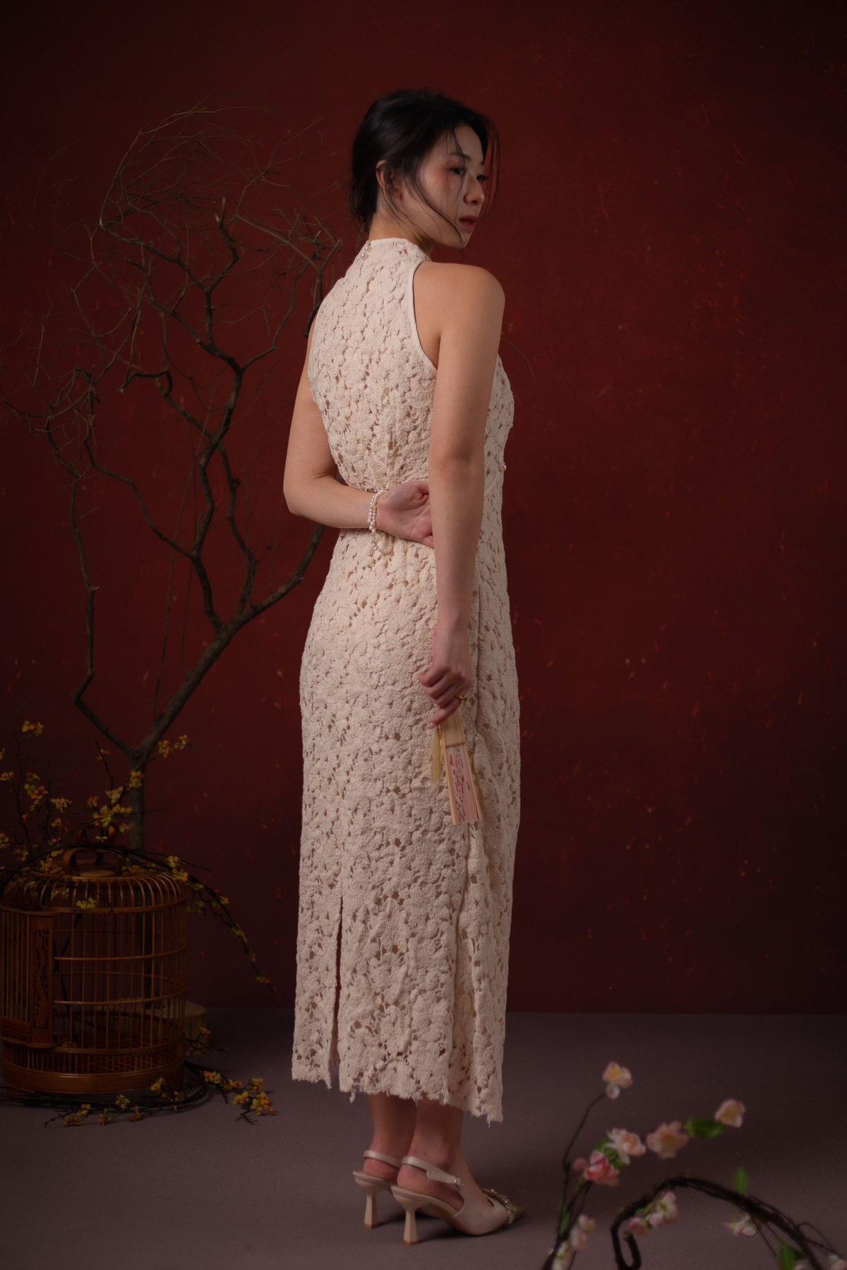 Camellia Lace Cheongsam Dress in Champagne