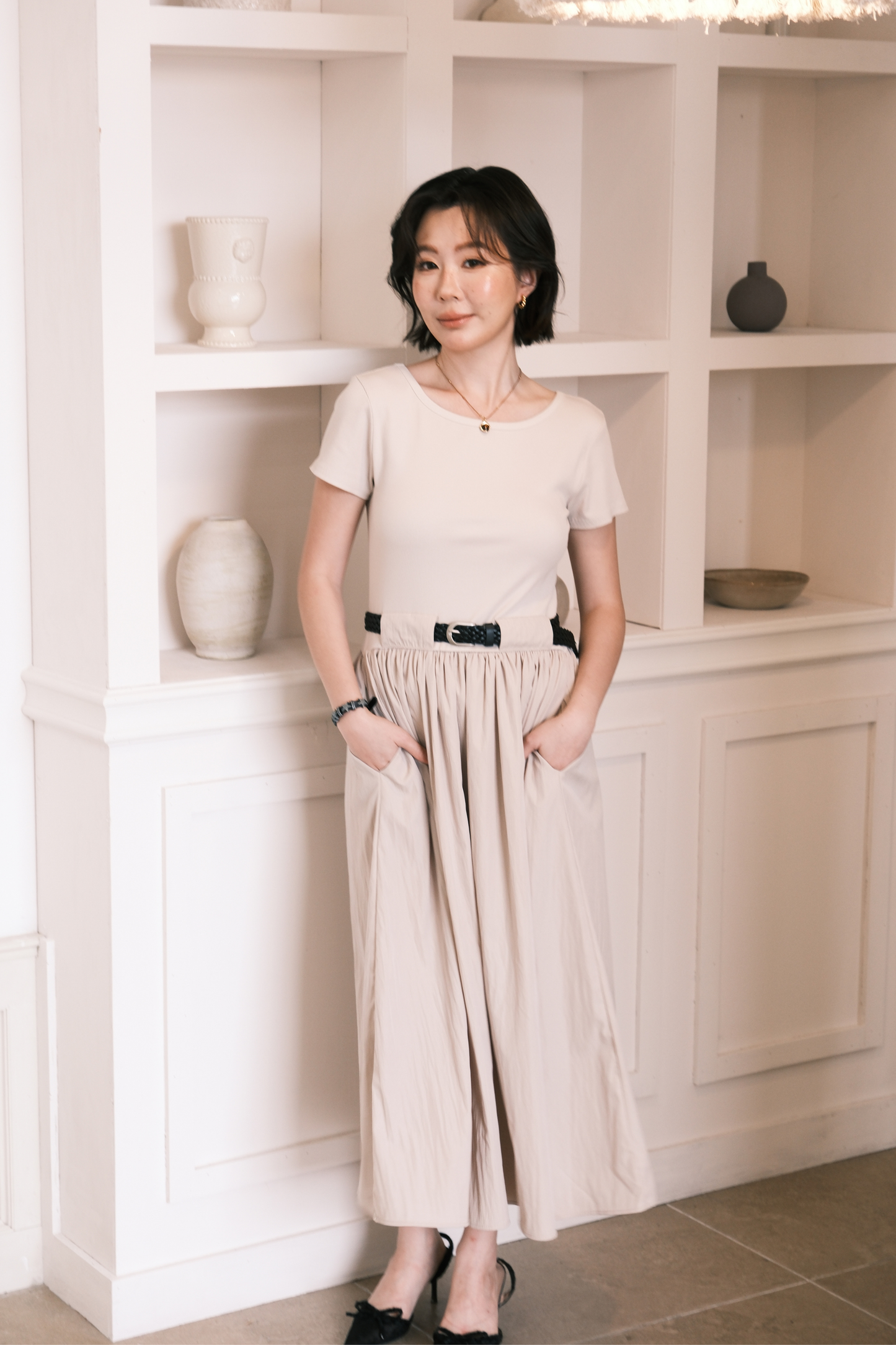 Margot Belted Dress in Cream