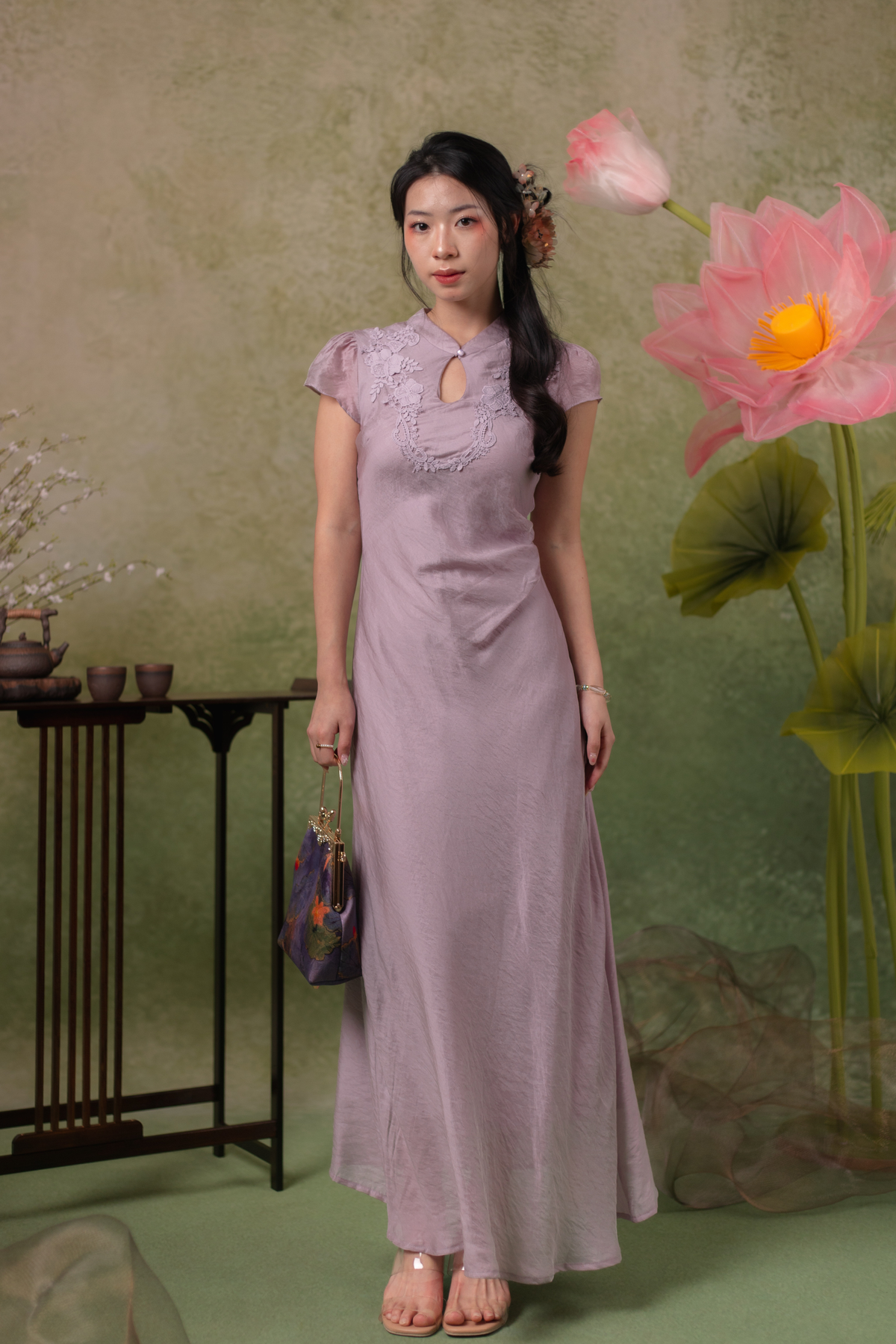 Serene Bloom Cheongsam Dress in Dusty Mauve
