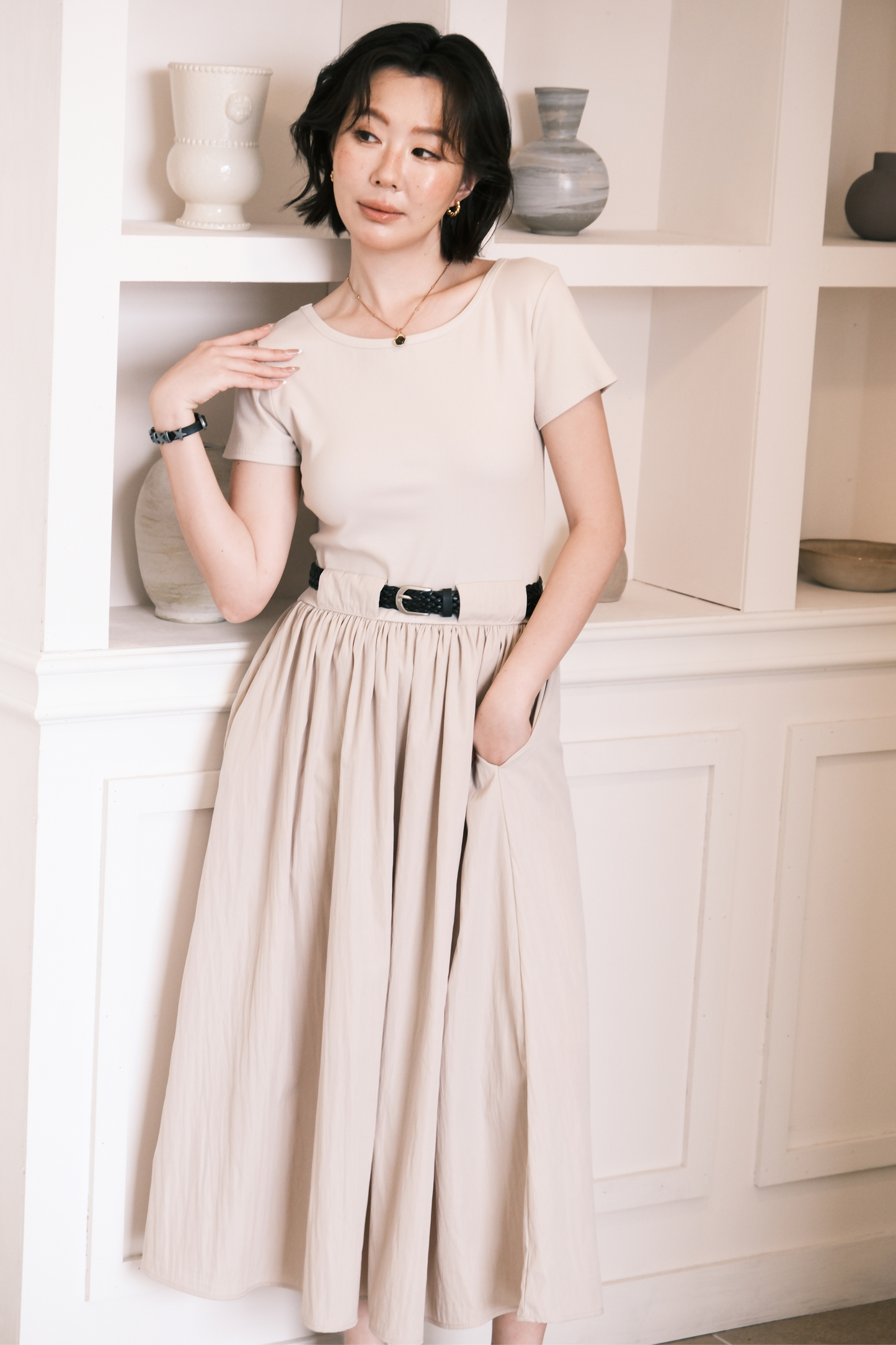Margot Belted Dress in Cream