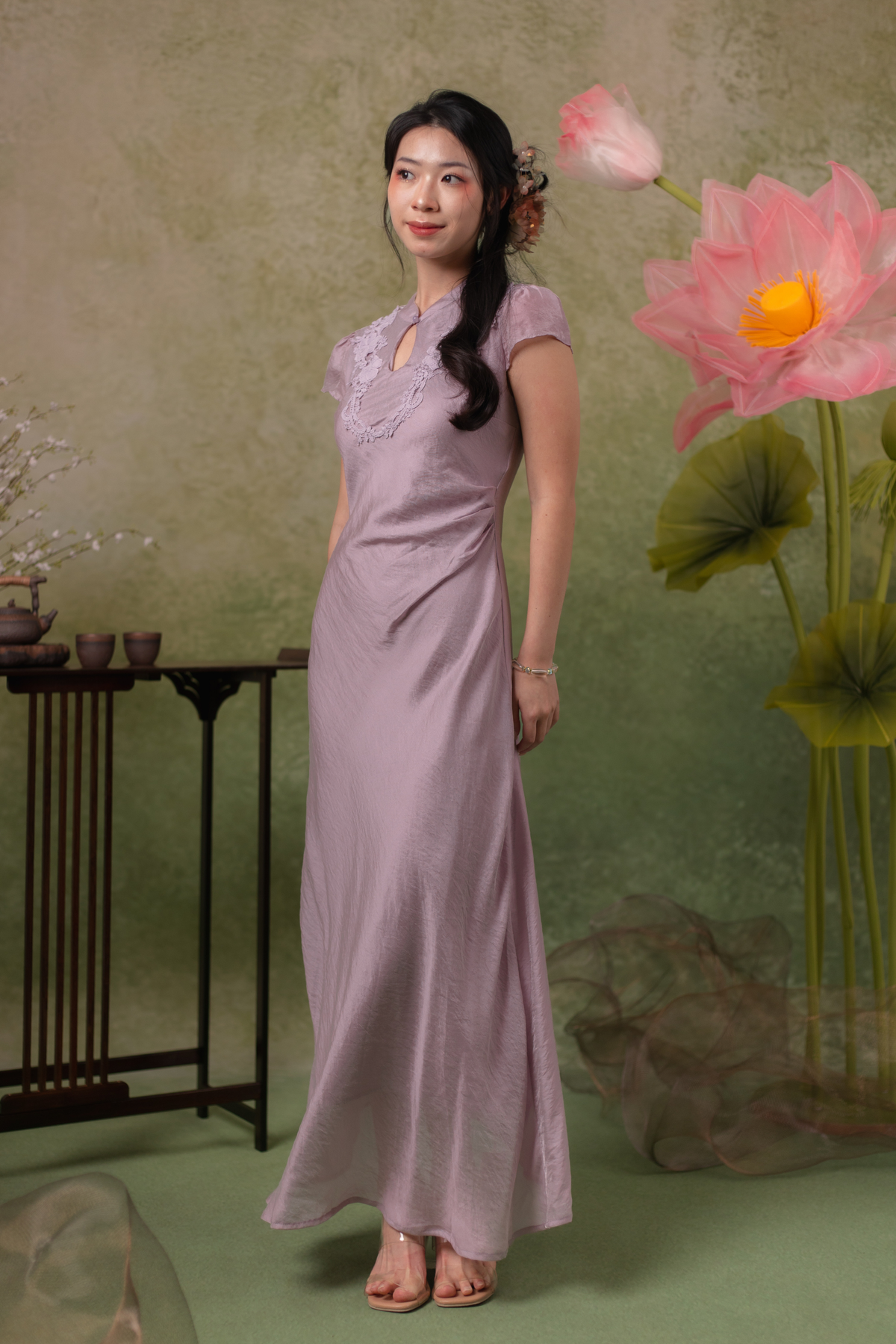 Serene Bloom Cheongsam Dress in Dusty Mauve