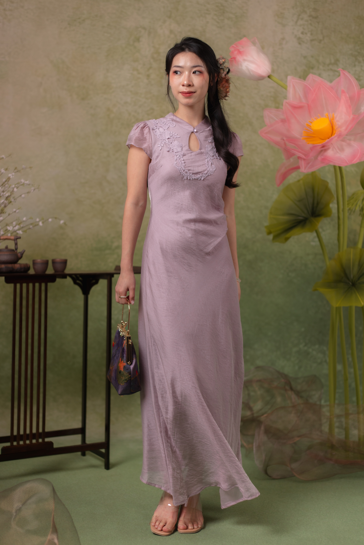 Serene Bloom Cheongsam Dress in Dusty Mauve