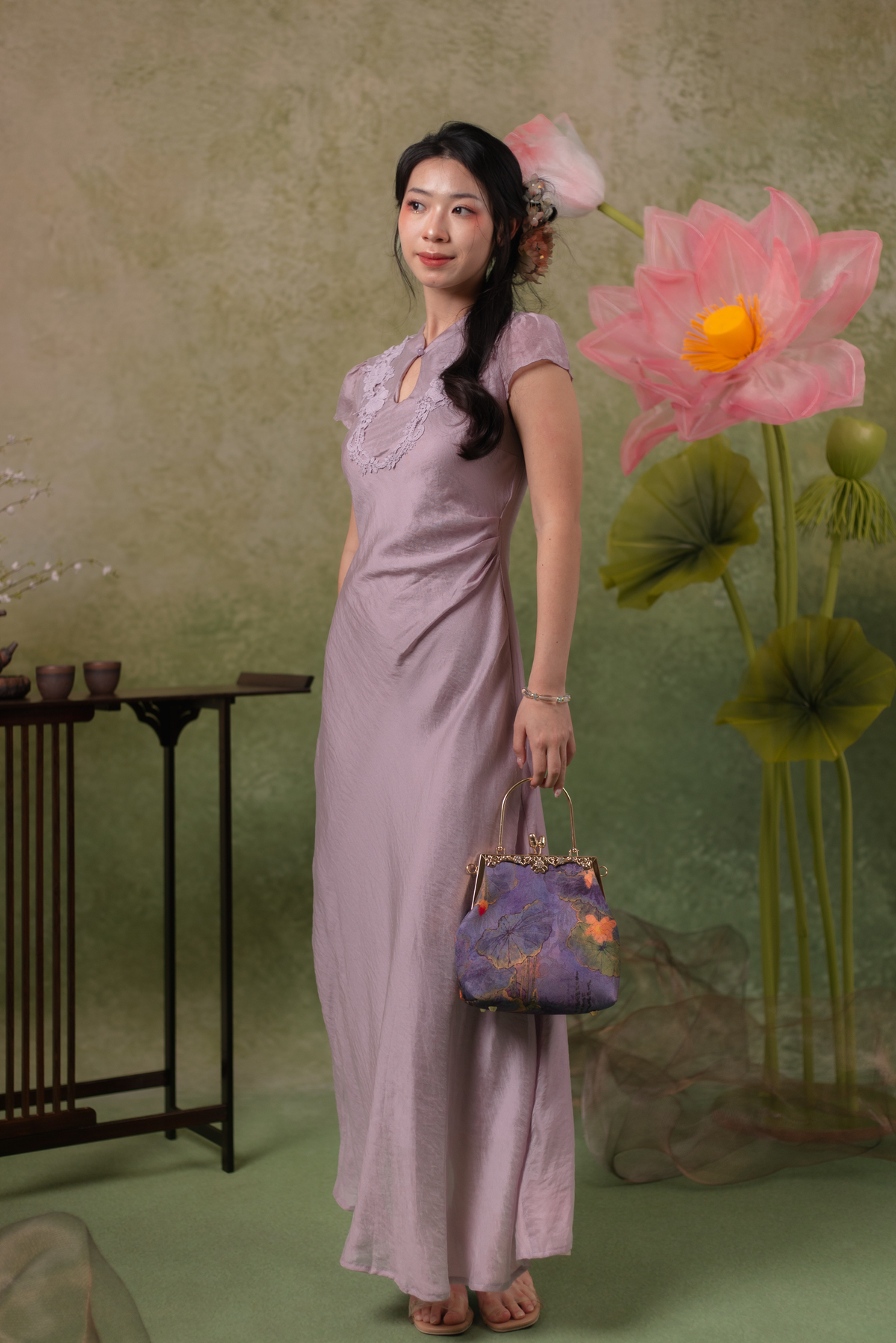 Serene Bloom Cheongsam Dress in Dusty Mauve