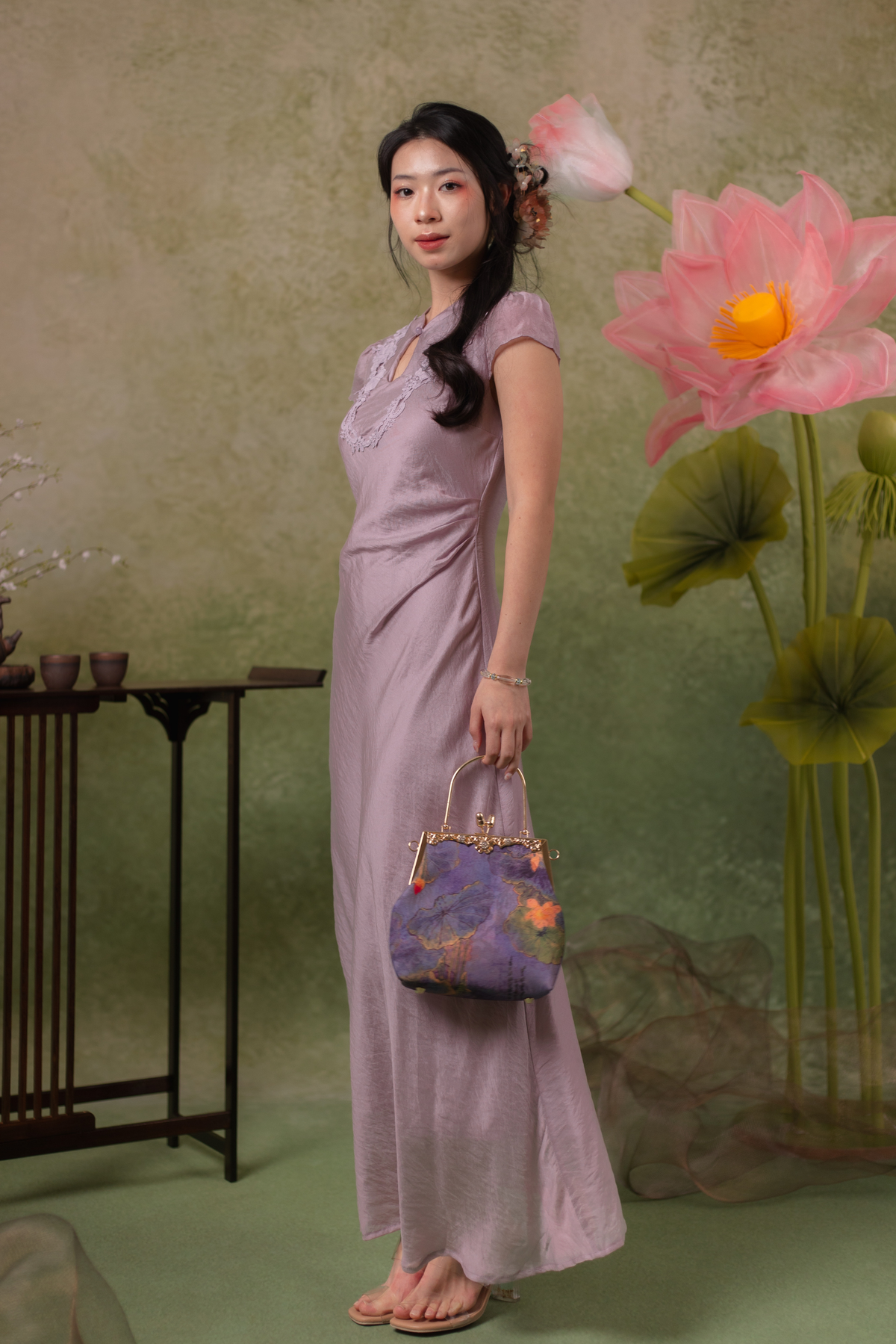 Serene Bloom Cheongsam Dress in Dusty Mauve