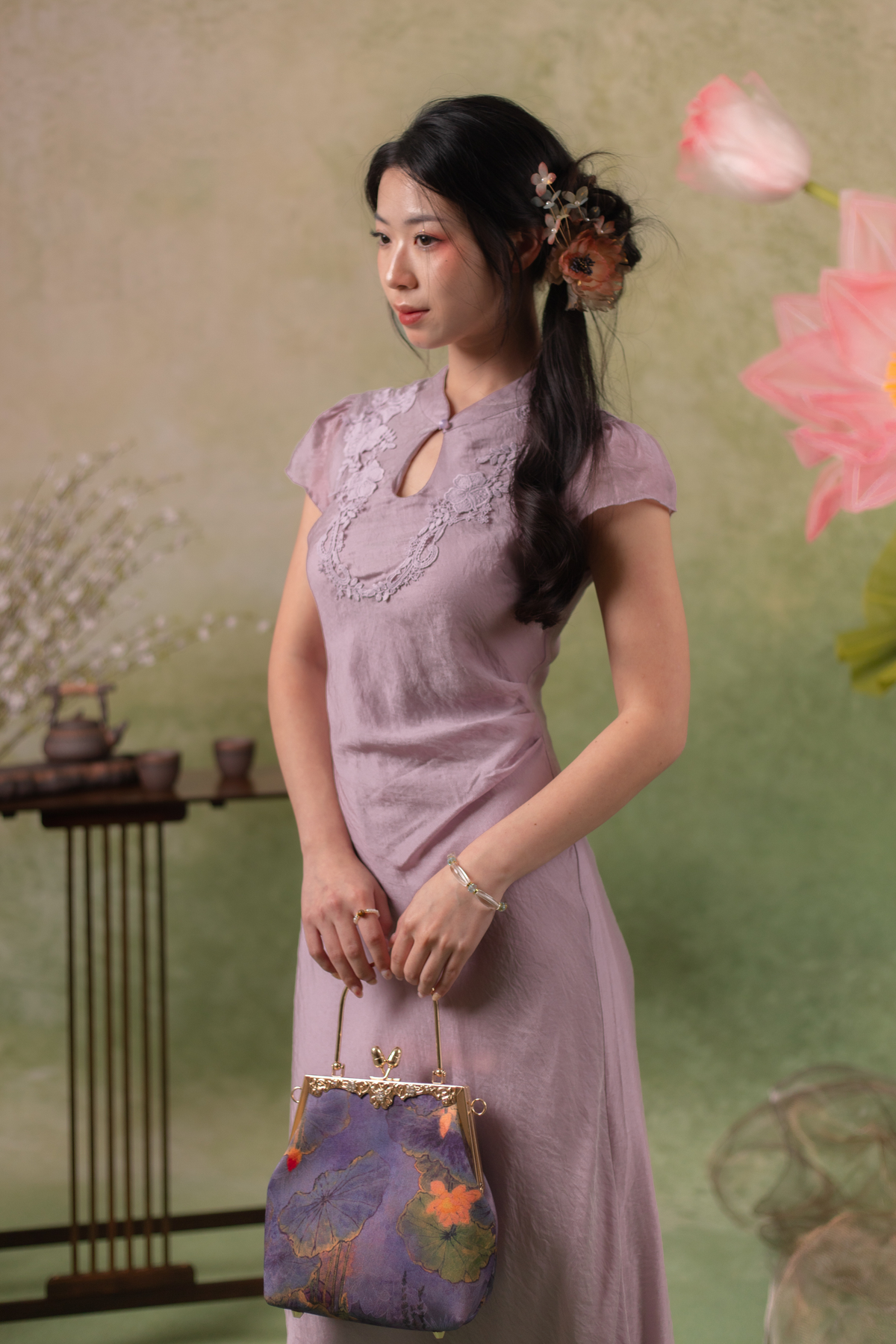 Serene Bloom Cheongsam Dress in Dusty Mauve