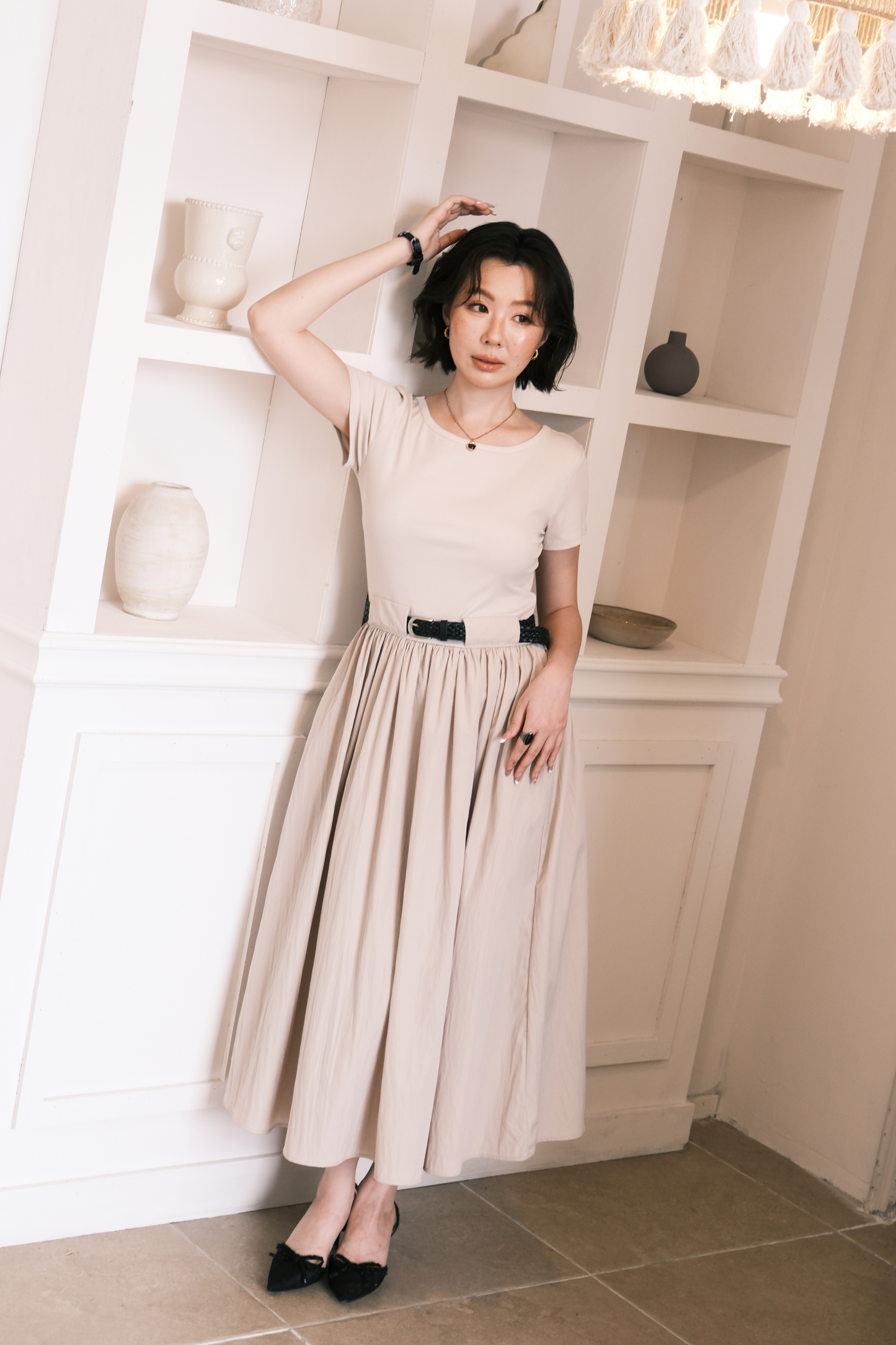 Margot Belted Dress in Cream