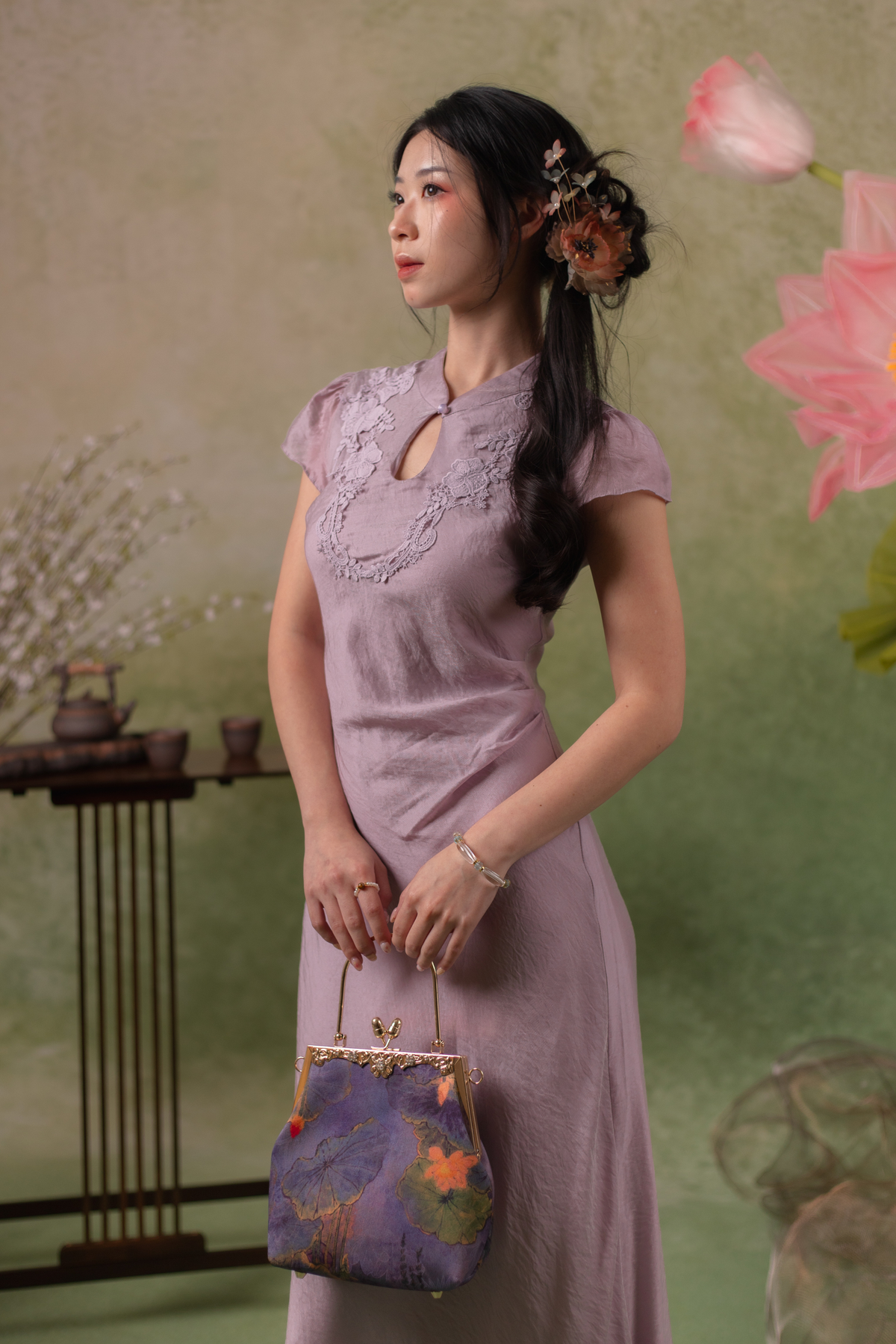 Serene Bloom Cheongsam Dress in Dusty Mauve
