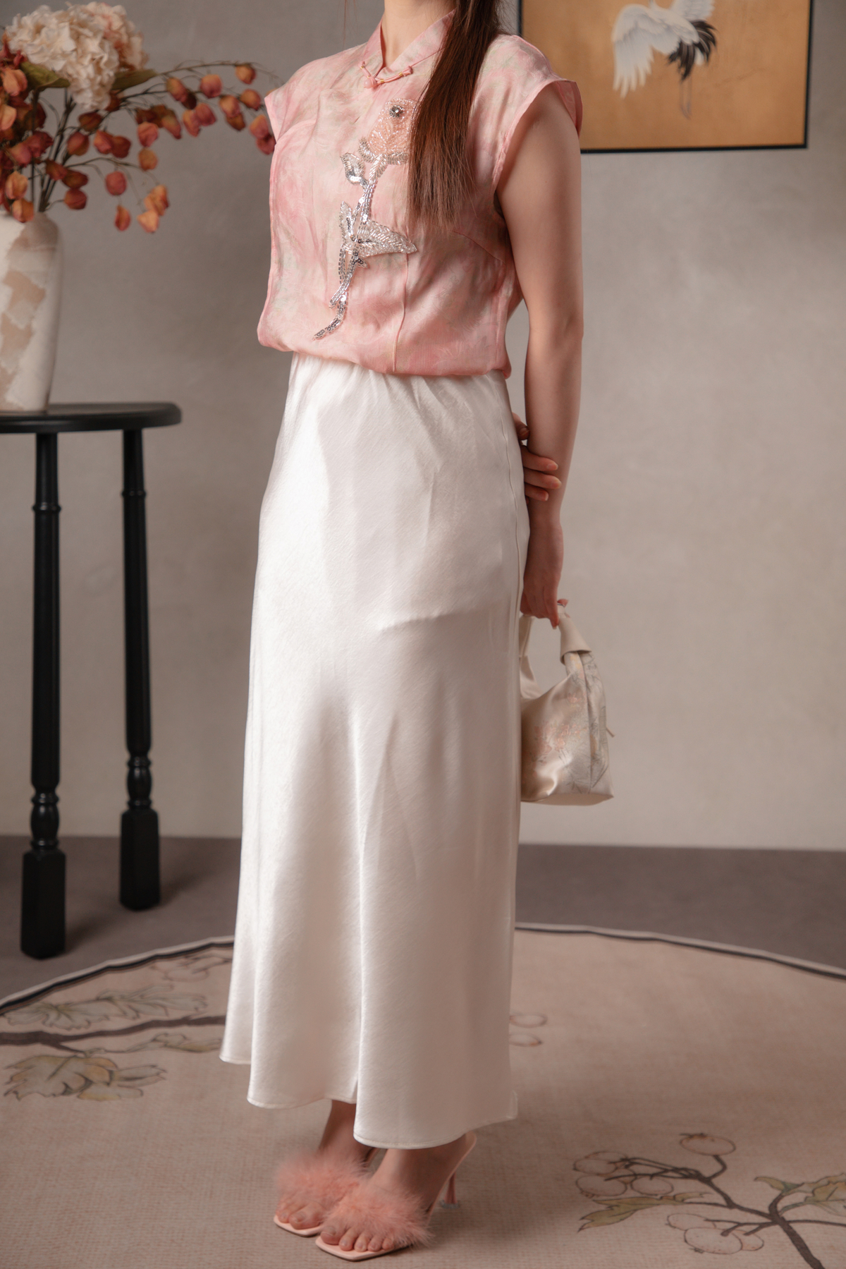 Ivy Dusk Satin Skirt in Ivory