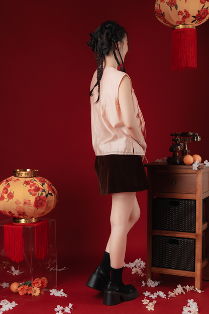 Velvet Ribbon-Panels High-Waist Cheongsam Mini Skirt